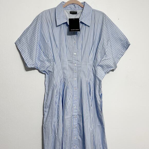 Anthropologie Maxi Shirt Dress Pleated Poplin Blue White Striped Pintuck NWT L - Picture 3 of 14